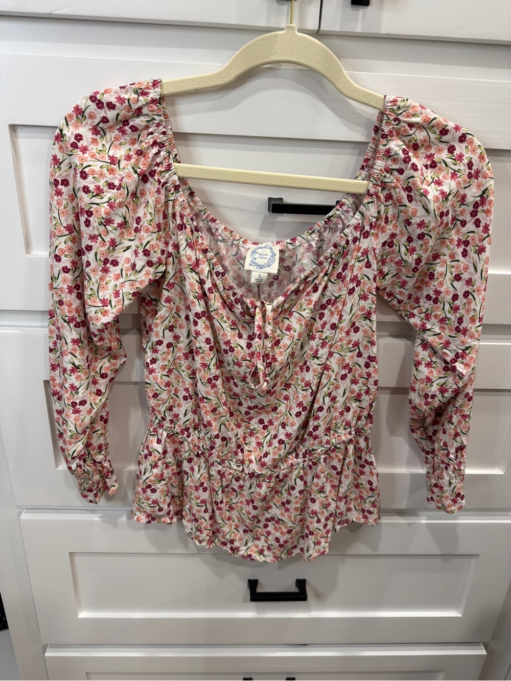 Blue Floral Peasant Blouse in Pink